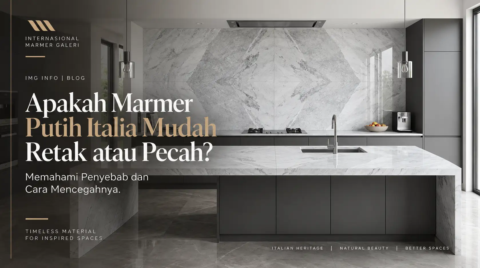 Interior dapur dengan marmer putih Italia pada countertop dan backsplash