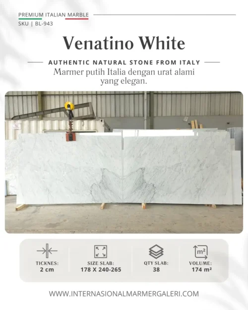 Marmer Putih Venatino White BL-943 asli Italia dengan pola urat alami elegan bergaya White Carrara untuk lantai, dinding, kitchen island, dan interior premium.