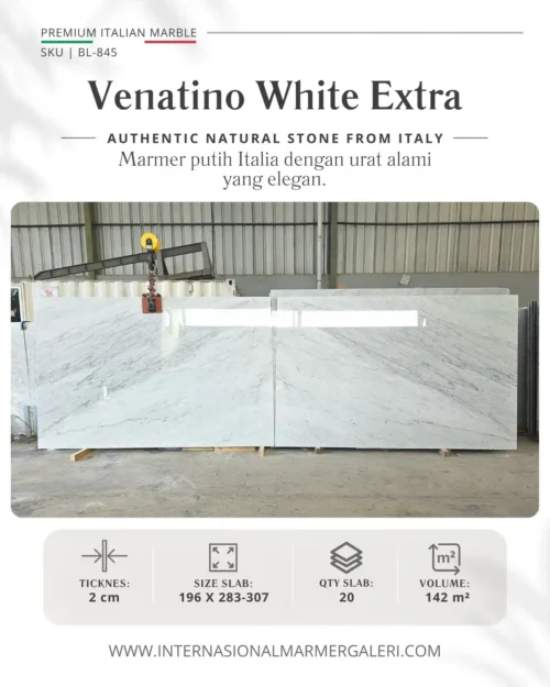 Marmer Putih Venatino White Extra BL-845 asli Italia dengan urat diagonal alami White Carrara untuk interior premium.