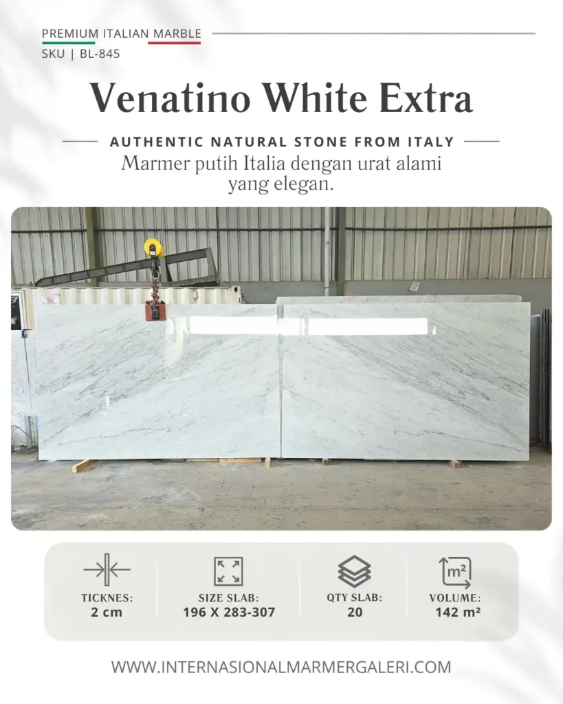 Marmer Putih Venatino White Extra BL-845 asli Italia dengan urat diagonal alami White Carrara untuk interior premium.