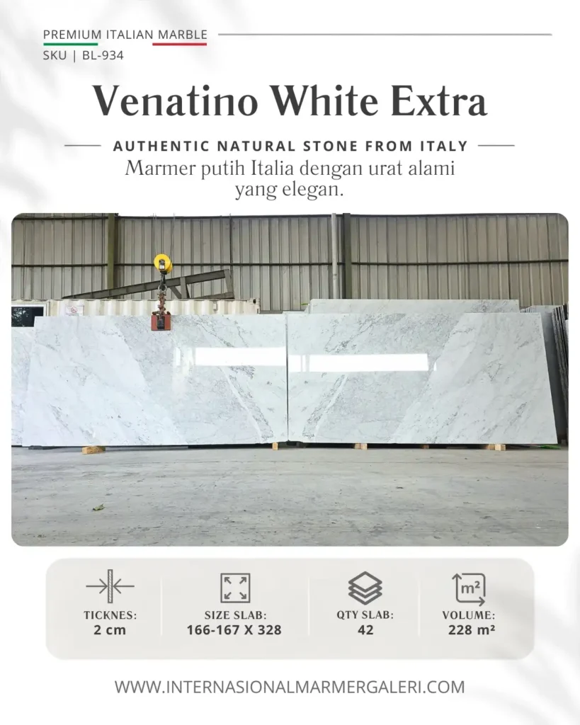 Marmer Putih Venatino White Extra BL-934 asli Carrara Italia dengan slab panjang dan urat alami elegan untuk interior premium.