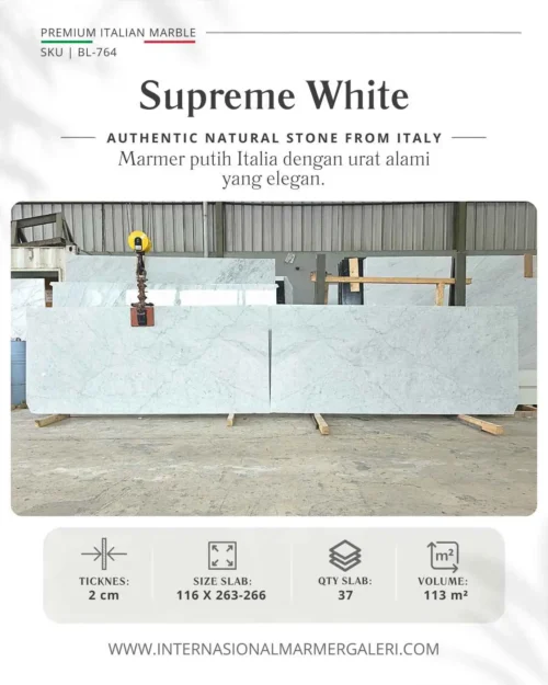 Marmer White Carrara Supreme White BL-764 untuk lantai rumah, meja makan, dan dinding interior