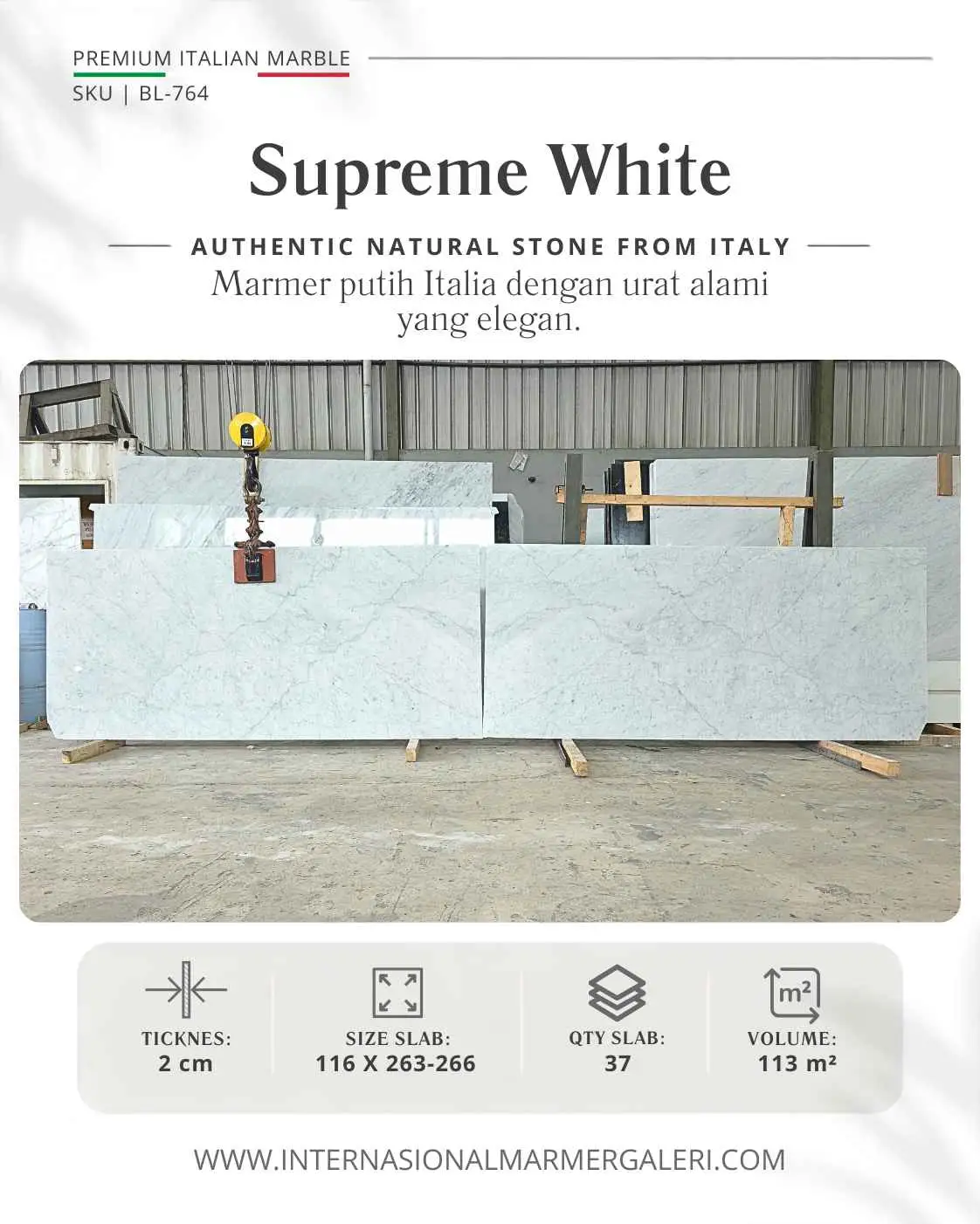 Marmer White Carrara Supreme White BL-764 untuk lantai rumah, meja makan, dan dinding interior