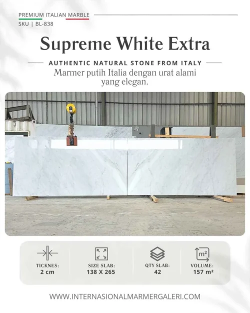 Marmer Putih Supreme White Extra BL-838 untuk kitchen island, vanity kamar mandi, dan dinding interior White Carrara