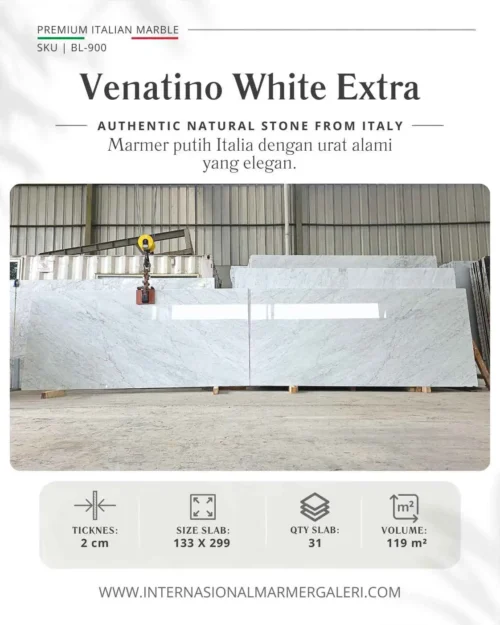 Marmer Putih Venatino White Extra BL-900 untuk kitchen island, vanity kamar mandi, dan meja marmer White Carrara