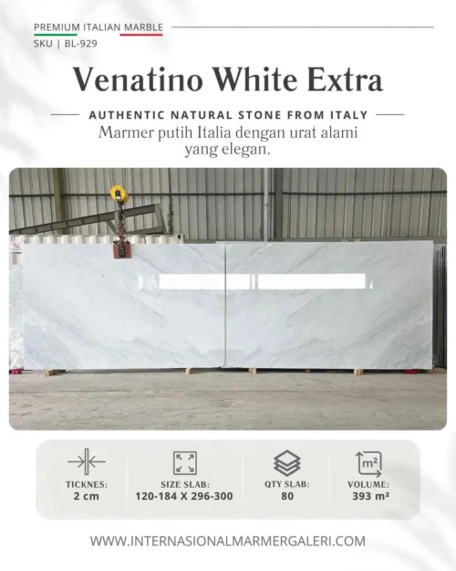 Marmer Putih Venatino White Extra BL-929 untuk lantai, feature wall, kitchen island, dan meja makan White Carrara Italia